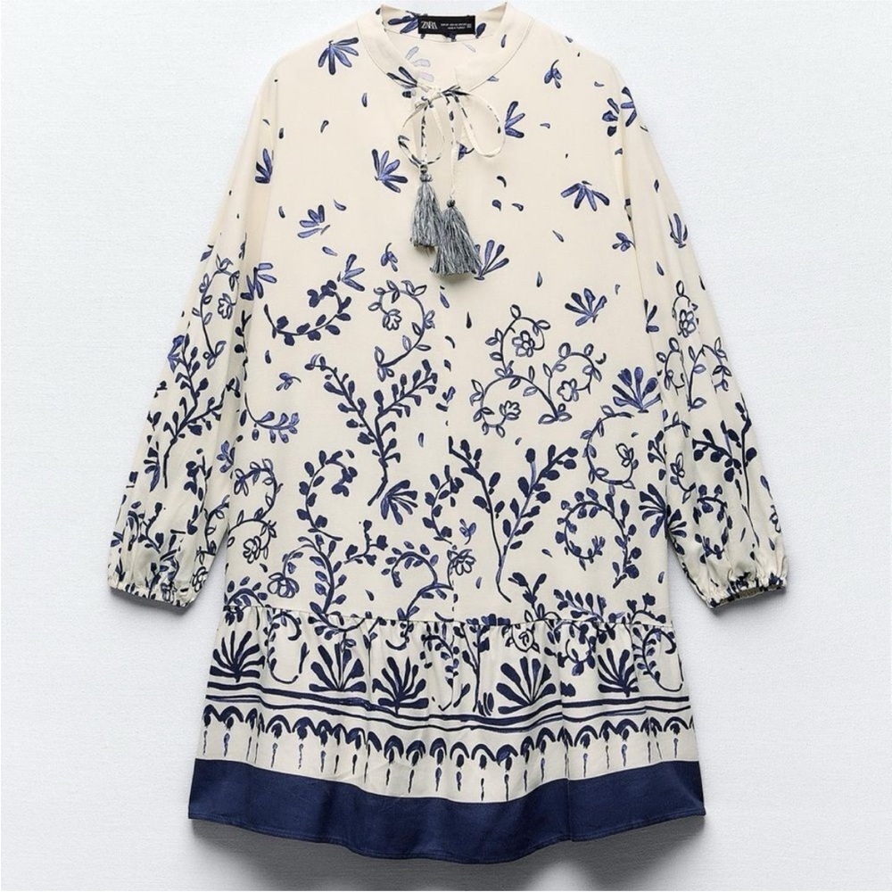 Zara Cream and Blue Floral Women's Dress